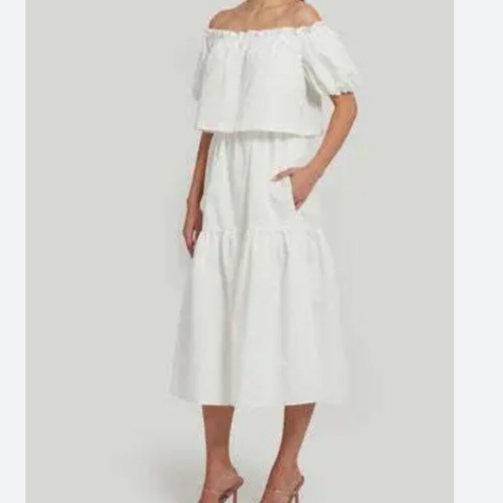 Amanda Uprichard Mirella White Off the Shoulder Tiered Twofer Midi Dress